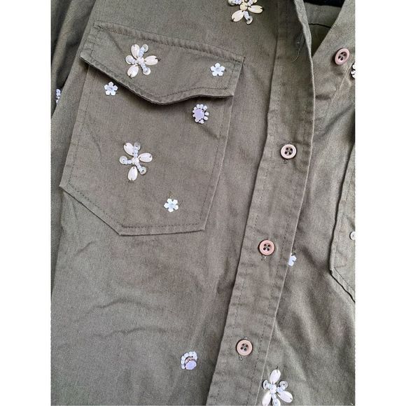 Joie Army Green Button Down Hayfa Embellished Shirt Beaded Size Small, MSRP $298 - Picture 4 of 11